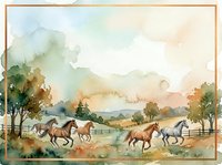 Horses running freely in pastoral countryside landscape with wooden fences, trees, and rolling hills. Watercolor style artwork suitable for equestrian decor, farm themes, and nature-inspired designs.