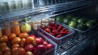 Fresh produce and fruits arranged in plastic containers on refrigerator shelves, including strawberries, apples, tomatoes, and bell peppers, showing healthy food storage.