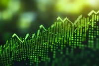 Green digital financial growth chart with upward trending arrows and data visualization elements for business analytics and investment presentations.