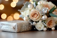 Elegant bridal bouquet with peach and white roses, pearl accents, and diamond engagement ring alongside sparkly silver gift box against soft bokeh lights background.