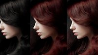 Female profile portraits showing hair color transformation from black to burgundy red shades against dark background, artistic beauty concept for hair salons.
