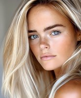 Young Caucasian woman with natural freckles, blue eyes and blonde hair looking at camera. Close up beauty portrait showing fresh glowing skin and minimal makeup.