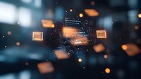 Glowing digital documents floating in dark cyberspace with particle effects and bokeh lights creating futuristic data transfer visualization concept.