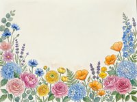 Watercolor floral border with roses, hydrangeas, lavender, and poppies on a light background, perfect for cards and invitations.
