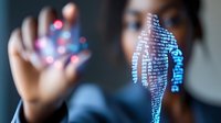 Young African American woman interacting with futuristic holographic data visualization and glowing digital elements, demonstrating modern technology interface.