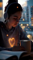 Young Asian woman in headphones with glowing heart on sweater reading book and holding coffee cup against evening cityscape with bokeh lights background.