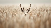 Majestic deer with antlers peeking through golden wheat field at sunrise, creating mysterious atmosphere with selective focus and dreamy bokeh effect.