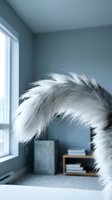 Fluffy cat tail curving gracefully in a modern blue-gray bedroom with soft natural light and blurred background details.