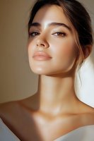 Young woman with glowing natural makeup and flawless skin in warm lighting. Close-up portrait highlighting soft features and dewy complexion for beauty and cosmetic advertising.