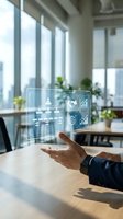 Businessman holding holographic display with organizational charts, analytics graphs, and global network icons in modern office with city skyline view for business technology solutions.