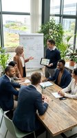 Diverse business team in modern office meeting with Muslim woman presenting net zero 2030 sustainability goals on whiteboard to colleagues around wooden table.