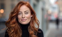 Young woman with vibrant red hair and genuine smile wearing black turtleneck sweater against blurred urban background, natural makeup and confident expression.