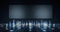 Futuristic digital cityscape with glowing skyscrapers on grid network, representing smart city technology, data connectivity, and urban innovation for business and tech concepts.