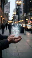 Businessman holding glowing brain lightbulb on city street at dusk representing innovation and creative thinking for business success.