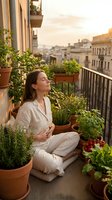 Woman in casual linen clothing sitting on urban balcony surrounded by potted herbs and plants, overlooking cityscape at golden hour, relaxation and urban gardening lifestyle.