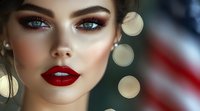 Young woman with glamorous makeup, red lipstick and smokey eyes against blurred bokeh lights background. Professional beauty portrait showcasing evening cosmetics look.