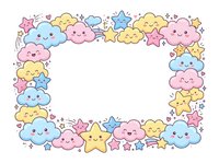 Cute kawaii clouds and stars pastel border frame with smiling faces, isolated on white background, ready for cards, invitations, and nursery designs.