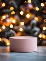 Pink round product display platform against blurred golden bokeh lights background creating magical festive atmosphere for merchandise presentation.