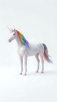 White unicorn with rainbow mane and tail, isolated on white background. Magical creature with horn, suitable for children's designs, fantasy graphics, and decorative projects.