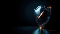 Glowing digital shield with golden checkmark on dark background, futuristic cybersecurity concept visualization with neon blue light effects.