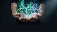 Businessman hands holding glowing digital network with connected icons representing modern technology, communication and data exchange in futuristic interface.