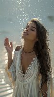 Serene young Asian woman in flowing white dress enjoying summer rain, perfect for wellness, beauty, and lifestyle content. Natural bokeh and backlight create dreamy atmosphere.