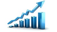 Growing blue bar chart with upward trending arrow showing progressive increase in business performance and financial growth statistics on white background.
