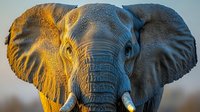 Close up portrait of African elephant with textured skin illuminated by warm sunset light showing detailed wrinkles, tusks and expressive eyes against blurred background.