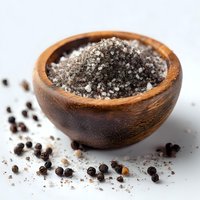 Wooden bowl filled with mixed salt and pepper seasoning, surrounded by scattered peppercorns on white surface.