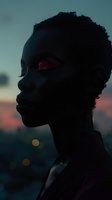 Silhouette profile of young African woman with natural hair against sunset sky, red lipstick catching light, bokeh city lights in background creating dreamy atmosphere.