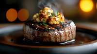 Juicy grilled beef tenderloin steak topped with seared scallops and fresh herbs on dark plate with sauce, dramatic restaurant lighting and bokeh background.