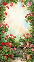 Watercolor garden frame with blooming geraniums in terracotta pots, hanging baskets, ivy, and a watering can, surrounding a soft pastel copy space.