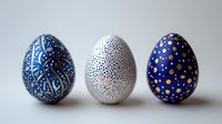 Decorative Easter eggs with intricate hand-drawn patterns in blue, white, and gold colors arranged in row on neutral background. Perfect for holiday designs.