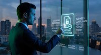 Professional businessman interacting with digital compliance interface displaying license activation and business permit icons in modern office.