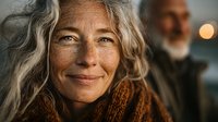 Mature woman with gray wavy hair smiling warmly at camera wearing brown knit sweater with older man blurred in background during golden hour lighting.