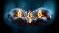 Glowing golden human silhouette floating between caring hands against dark background with magical light particles and bokeh effects, spiritual concept.