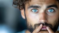 Close-up portrait of a bearded man with striking blue eyes touching his lips thoughtfully against blurred background.