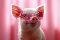 Adorable piglet wearing pink heart-shaped sunglasses on soft pink background for Valentine's Day greeting cards and romantic designs.