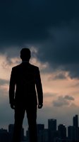Silhouetted male professional in formal business suit standing facing away toward dramatic cloudy sky and urban cityscape skyline at dusk, representing ambition, leadership, and corporate success.