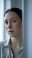 Young Caucasian woman with natural makeup looking thoughtfully through window blinds in soft daylight for wellness and mindfulness concepts.