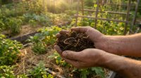 Hands holding rich dark compost soil in organic garden with green plants and warm sunlight for sustainable farming and eco-friendly agriculture practices.