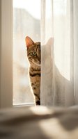 Tabby cat peeking behind sheer curtain at sunny window, curious domestic feline looking out with green eyes, pet animal in bright natural light.