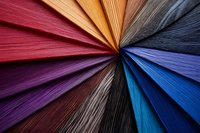 Colorful wood samples arranged in radial pattern showing spectrum from warm reds to cool blues. Interior design material selection guide.
