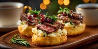 Gourmet appetizers with beef, cranberries and herbs on wooden board. Holiday party food, festive catering, elegant hors d'oeuvres for special occasions and celebrations.