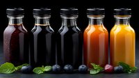 Fresh cold pressed juices in glass bottles with berries and mint leaves on dark background, healthy detox drinks and natural beverages concept.