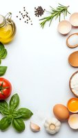 Fresh cooking ingredients frame with olive oil, eggs, herbs, tomato, garlic and spices on white marble background with copy space for culinary recipes.