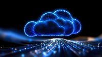 Glowing blue cloud computing concept with digital data streams on dark background, representing modern network technology and cloud storage solutions.