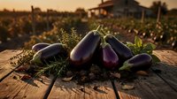 Fresh purple eggplants with herbs on rustic wooden table at organic farm during golden hour sunset. Healthy vegetables for cooking and nutrition.