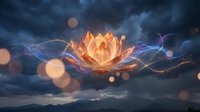 Glowing lotus flower with energy waves and light effects against mystical night sky background with bokeh lights for spiritual meditation designs.