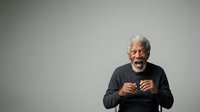 Senior man with white beard and gray hair, African descent, wearing dark sweater, expressing excitement with open mouth and hand gestures against neutral background for portrait use.